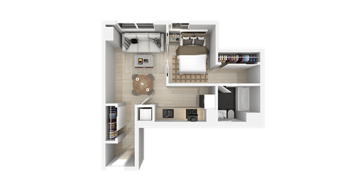 A 3D floor plan of a house with a kitchen, living room, and two bedrooms.